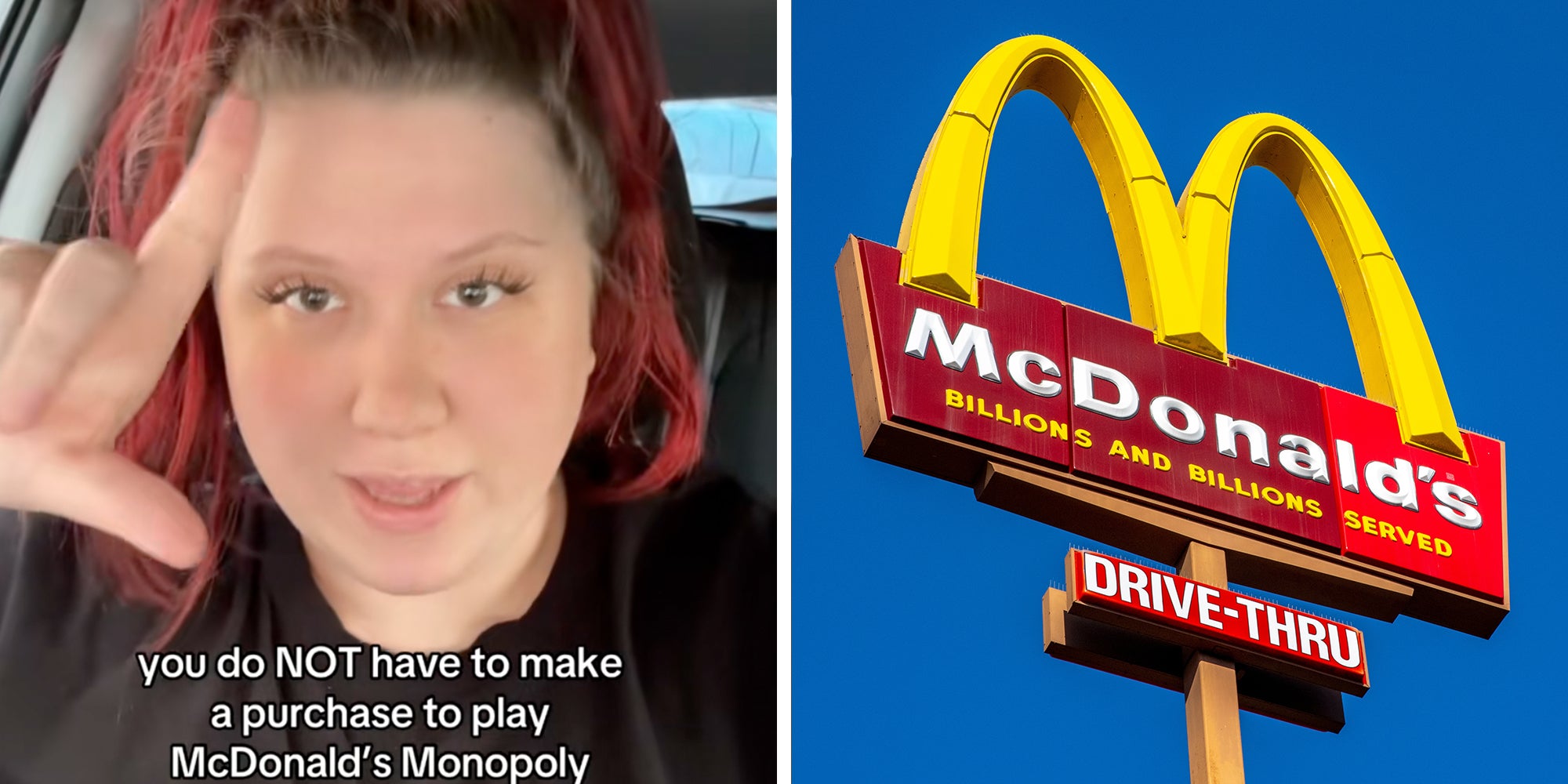 Left: Woman looking into the camera sitting in her car, text overlay reads, 'you do NOT have to make a purchase to play McDonald's Monopoly.' Right: Thousand Oaks, CA, USA: 2024 Oct. 5. 2024 McDonalds, McDonald's burger fast food restaurant. Sign, logo, angle view