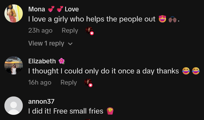 TikTok comments including one reading 'I love a girly who helps the people out'