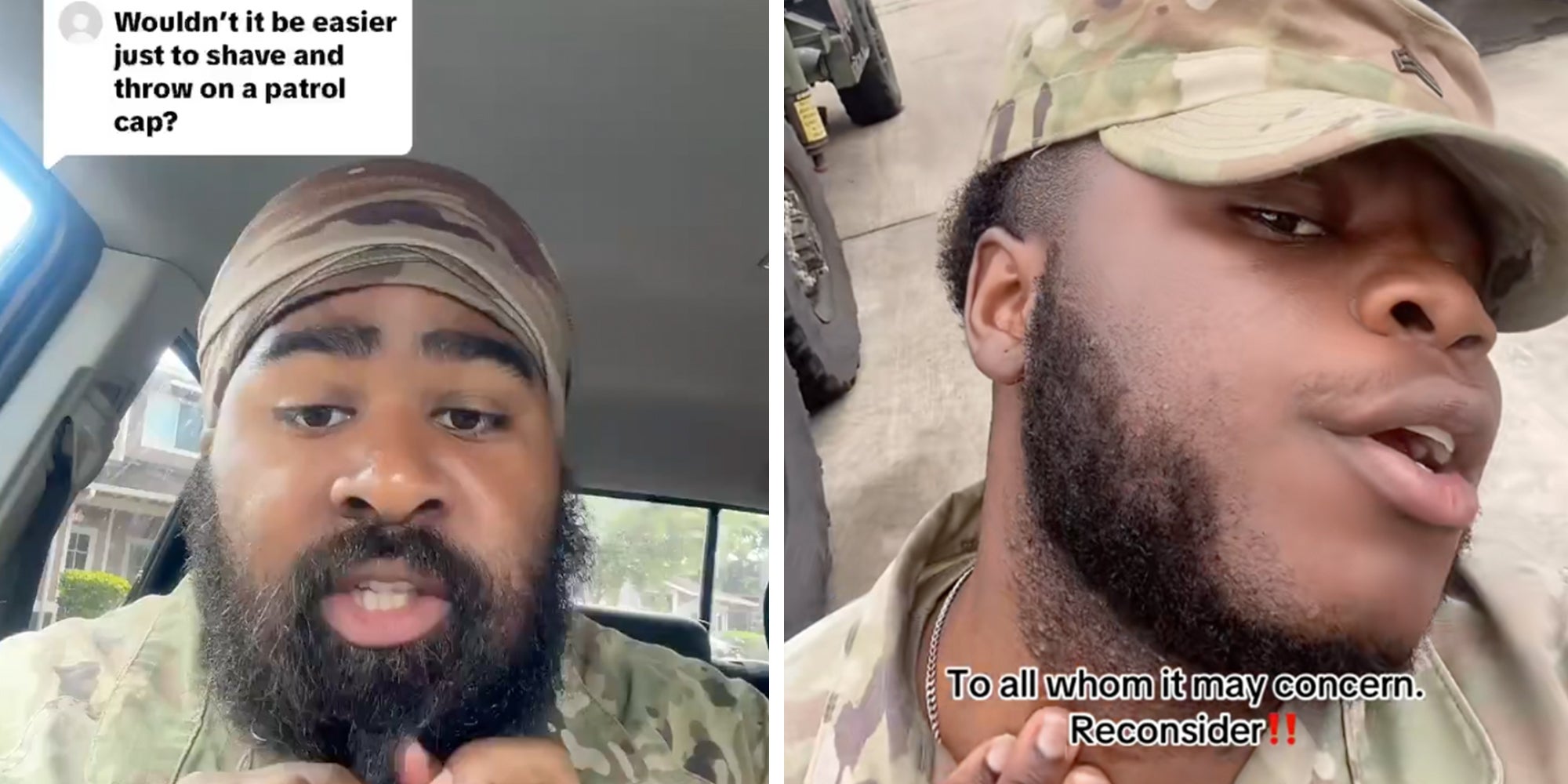 Left: Dark-skinned man with a beard in camo uniform looking into the camera. Right: Dark-skinned man with a beard wearing camo military uniform looking into the camera, showing his bear.