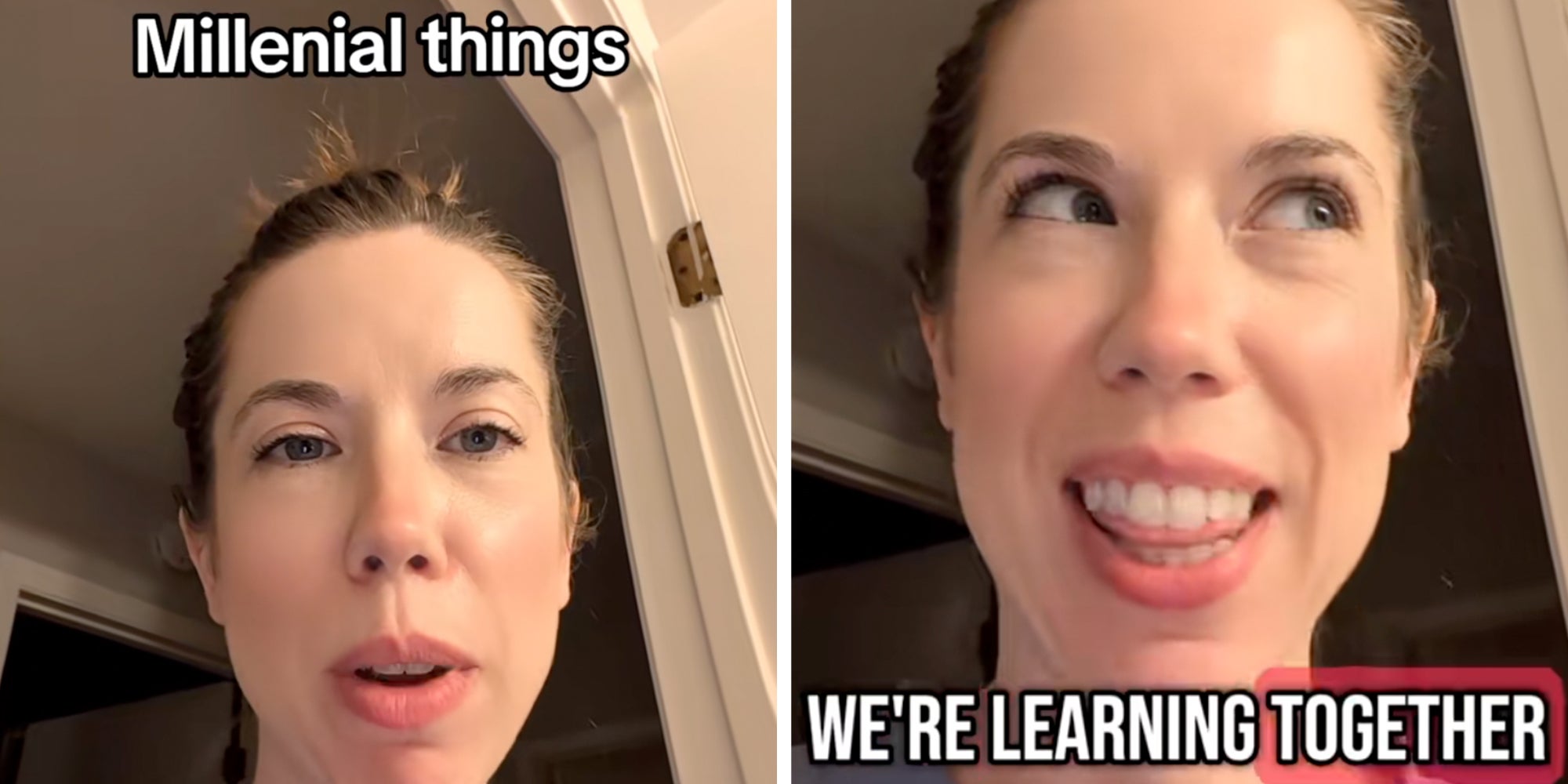 Woman looking into camera under text reading 'Millennial things.'