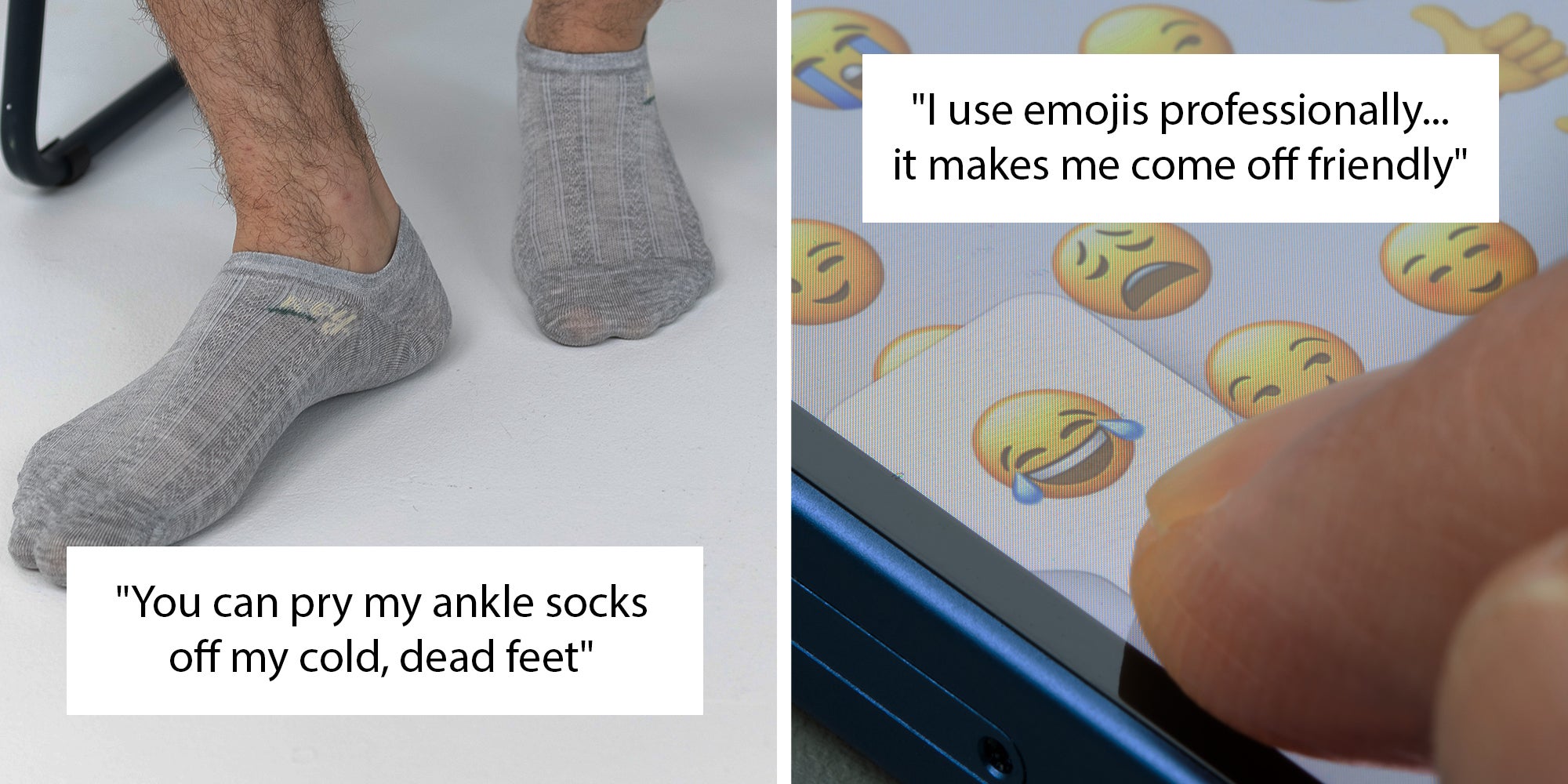 Left: Men's legs in gray short ankle socks on a white background. Right: An iPhone user chooses the 'face with tears of joy' emoji from the iMessage app.