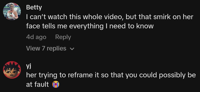 TikTok comments including one reading 'I can’t watch this whole video, but that smirk on her face tells me everything I need to know'