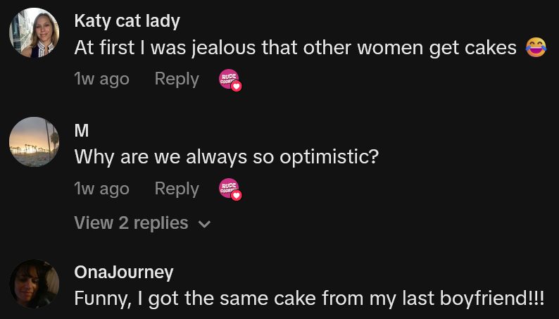TikTok comments including one reading 'At first I was jealous that other women get cakes'