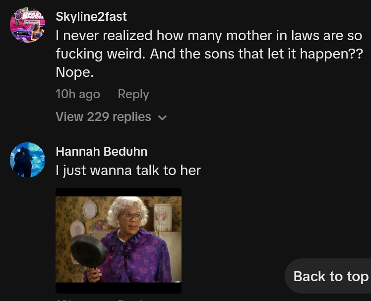 TikTok comments including one reading 'I never realized how many mother in laws are so fucking weird. And the sons that let it happen?? Nope.'