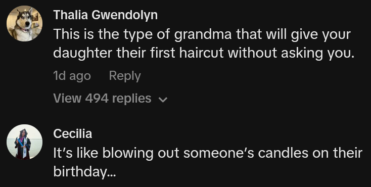 TikTok comments including one reading 'This is the type of grandma that will give your daughter their first haircut without asking you.'