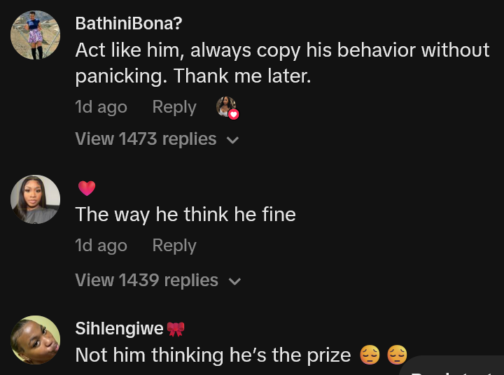 TikTok comments including one reading 'Act like him, always copy his behavior without panicking. Thank me later.'