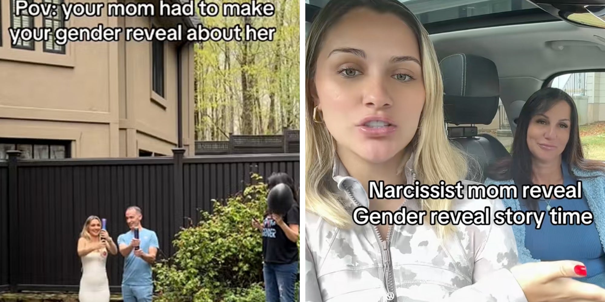 Left: Instagram model and TikTok creator Gianna Wulf standing next to her husband at her gender reveal party. Caption overlay reads, "Pov your mom had to make your gender reveal about her." Right: Gianna Wulf sitting in the car next to her mother, text overlay reads, "Narcissist mom reveal. Gender reveal story time."
