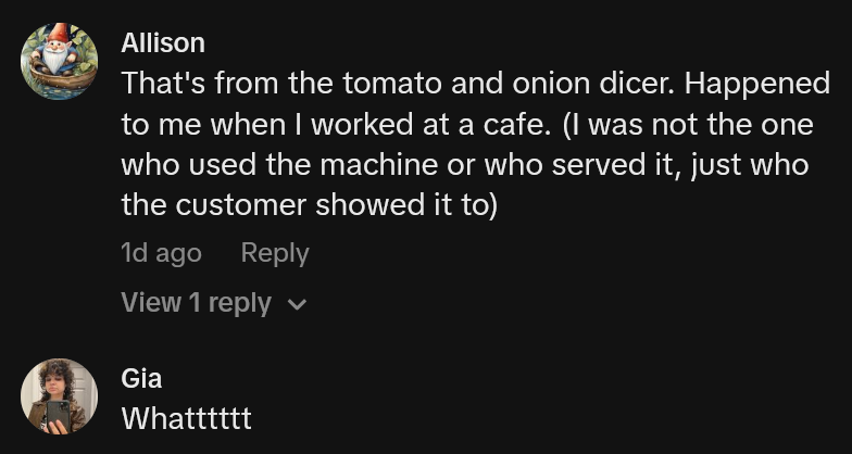 TikTok comments including one reading 'That's from the tomato and onion dicer. Happened to me when I worked at a cafe. (I was not the one who used the machine or who served it, just who the customer showed it to)'