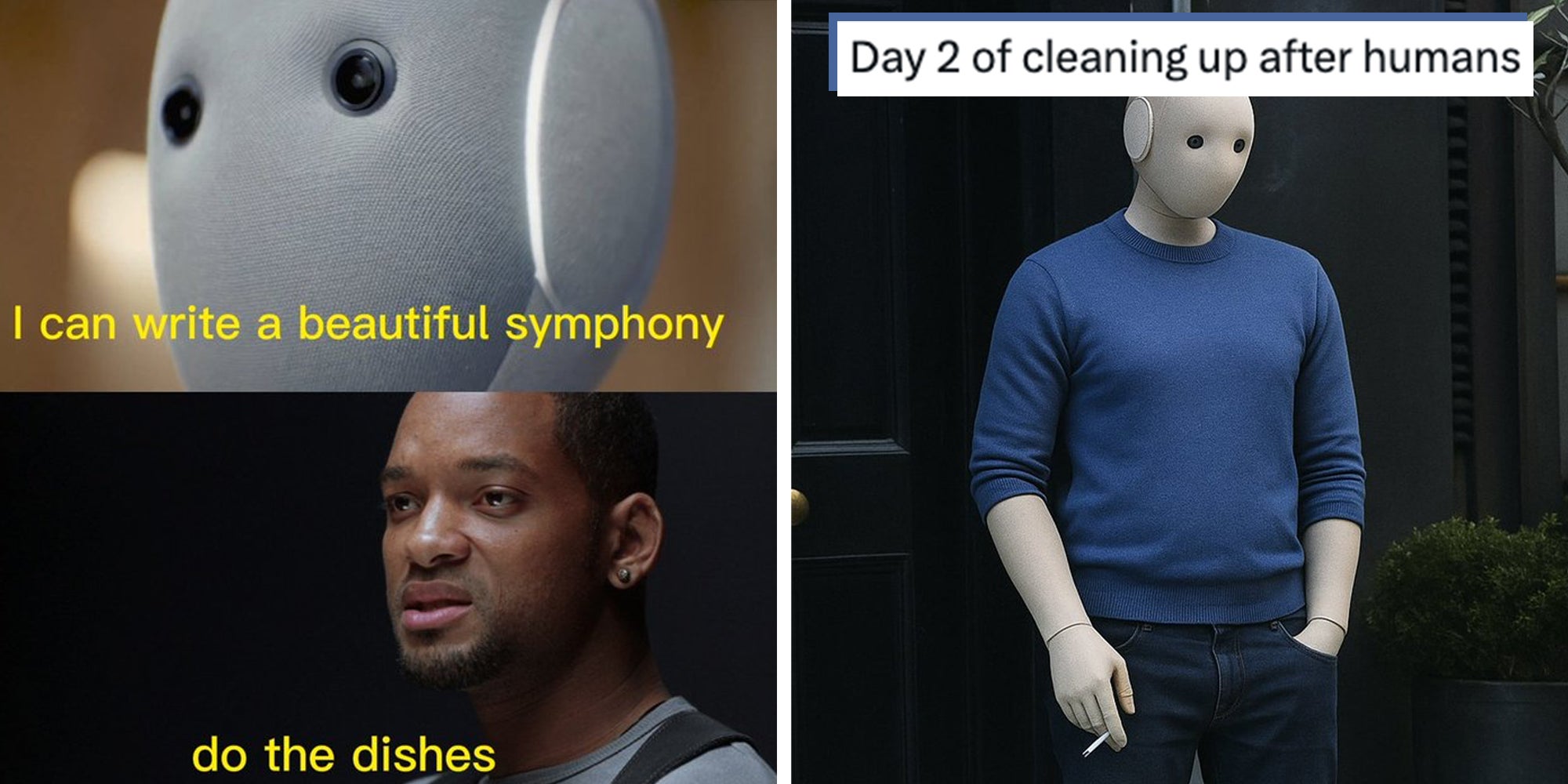 Left: Will Smith I robot meme featuring Neo robot. Neo Robot face in upper half has text overlay reading, 'I can write a beautiful symphony.' Will Smith's lower half reaction face has text overlay reading, 'Do the dishes.' Right: Ben Affleck smoking meme with Neo robot head instead, tweet text caption overlay reads, 'Day 2 of cleaning up after humans.'