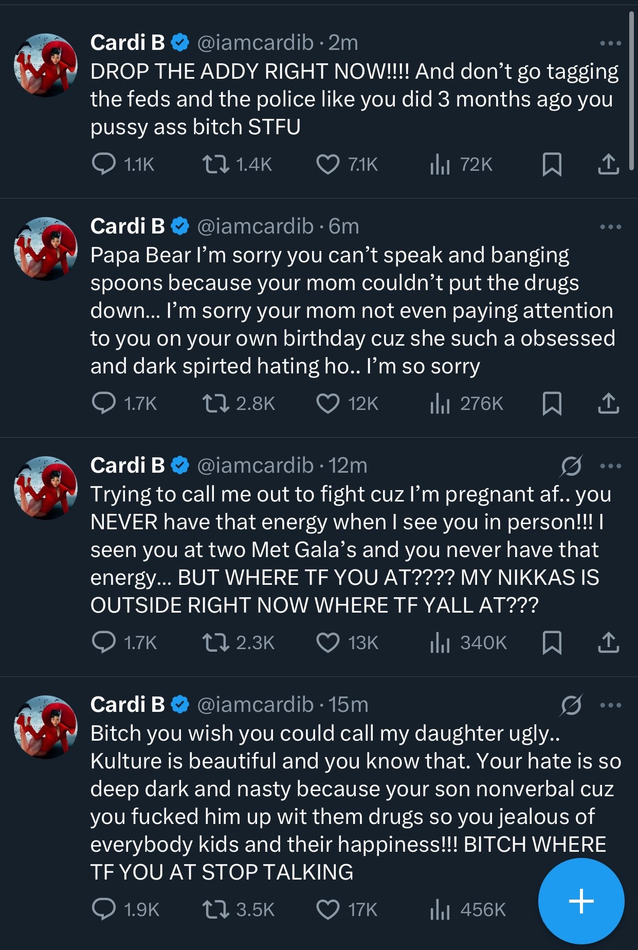 A series of Cardi B tweets attacking Nicki Minaj and her son Papa Bear.