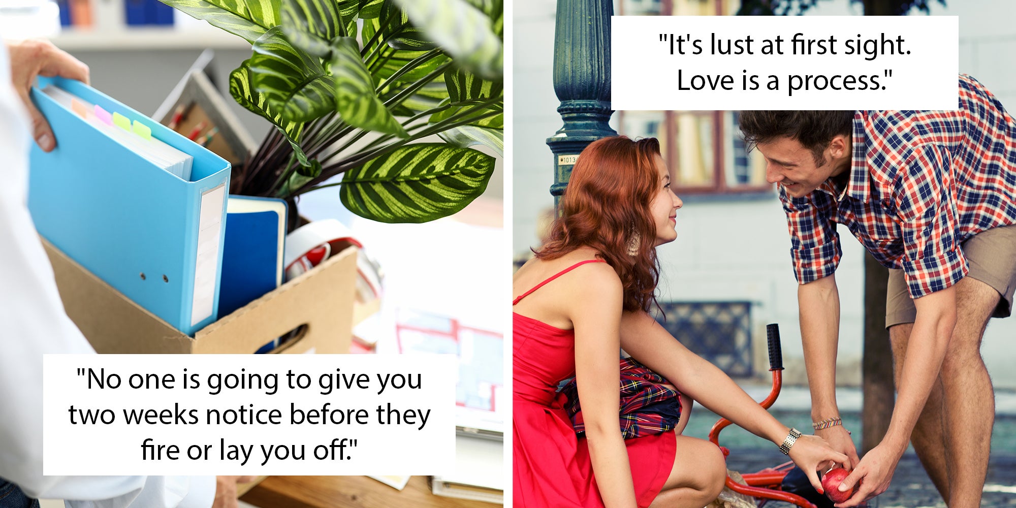 Left: Businessman fired and taking a box of his belongings from his office close-up. Right: Man helping woman pick up fallen bicycle, love at first sight.