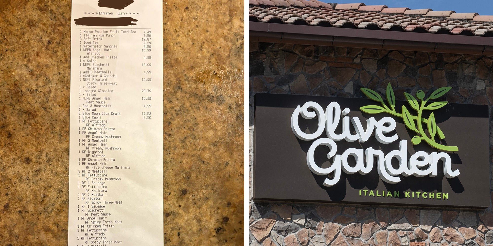Left: Absurdly long receipt from Olive Garden's "Never-Ending pasta bowl" deal. Right: Olive Garden Italian Kitchen. Olive Garden is a division of Darden Restaurants.