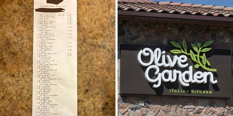 Left: Absurdly long receipt from Olive Garden's 'Never-Ending pasta bowl' deal. Right: Olive Garden Italian Kitchen. Olive Garden is a division of Darden Restaurants.