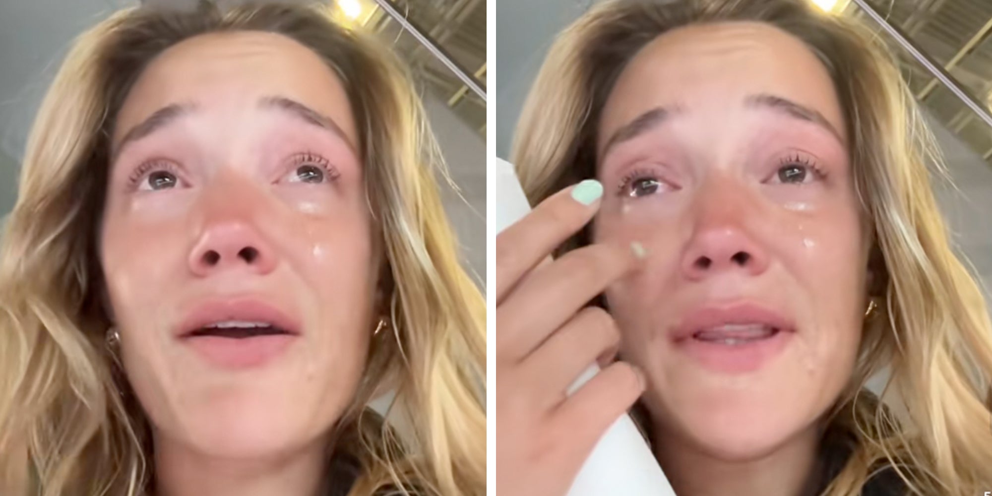 Model Olivia Ponton crying in the Paris airport.
