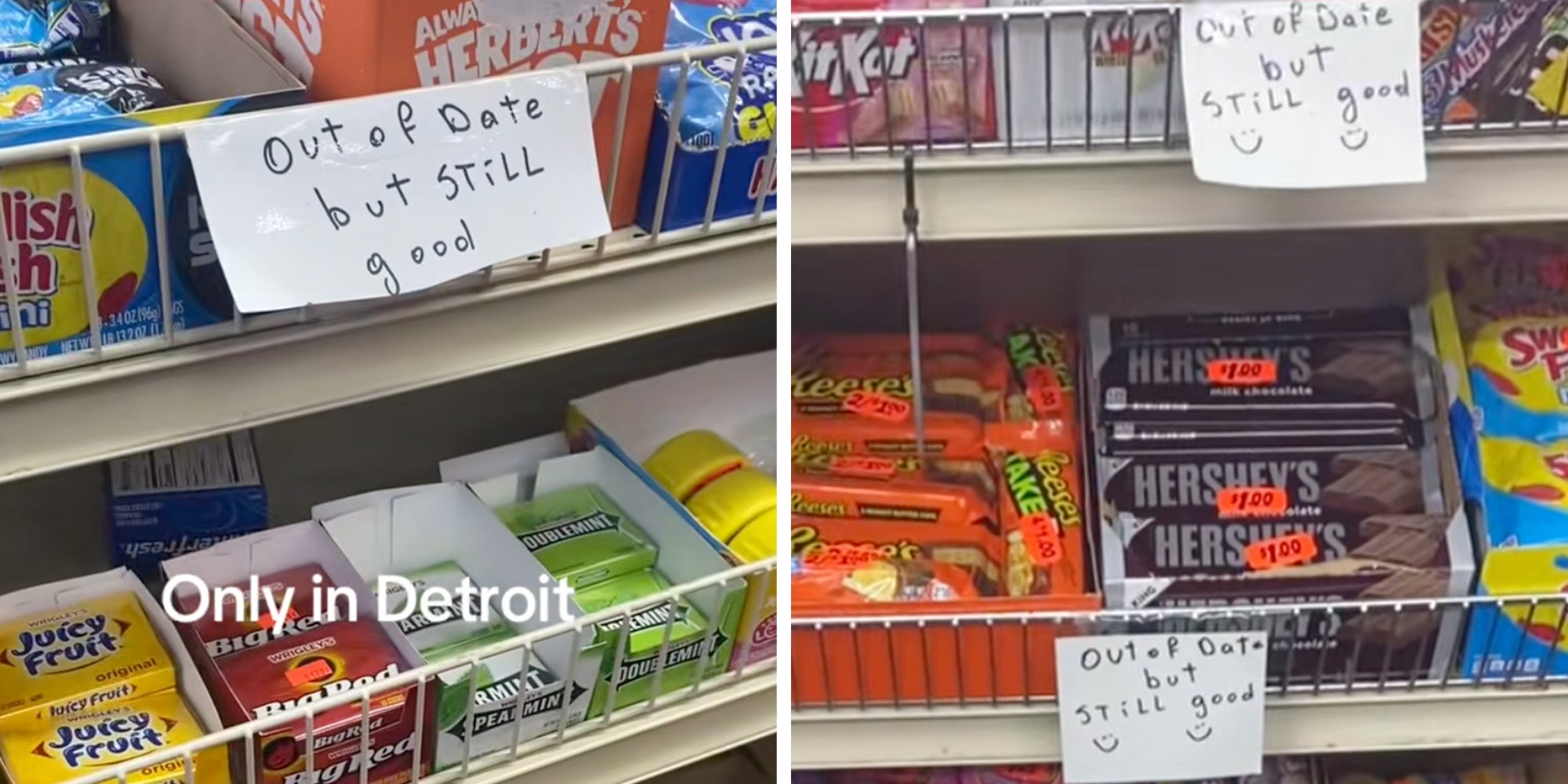 Candy aisle in a gas station labeled with multiple handwritten signs written 'out of date but still good.'