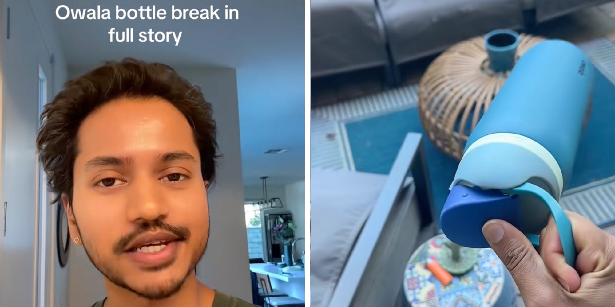 Left: Man looking into camera underneath text reading 'Owala bottle break-in full story.' Right: Man's hand holding Owala bottle.