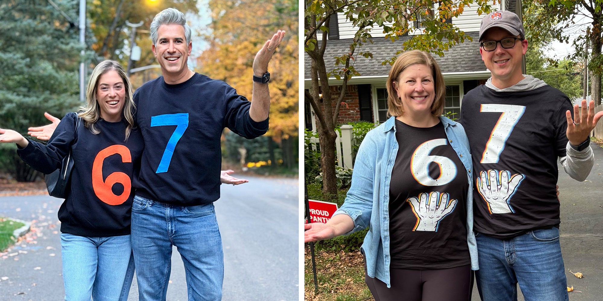 Left: Husband and Wife wearing black sweatshirts: The woman has a 6 painted on hers, the man a 7, recreating the viral TikTok '6 7' meme. Right: Husband and Wife wearing black t-shirts: The woman has a 6 painted on hers, the man a 7, recreating the viral TikTok '6 7' meme.