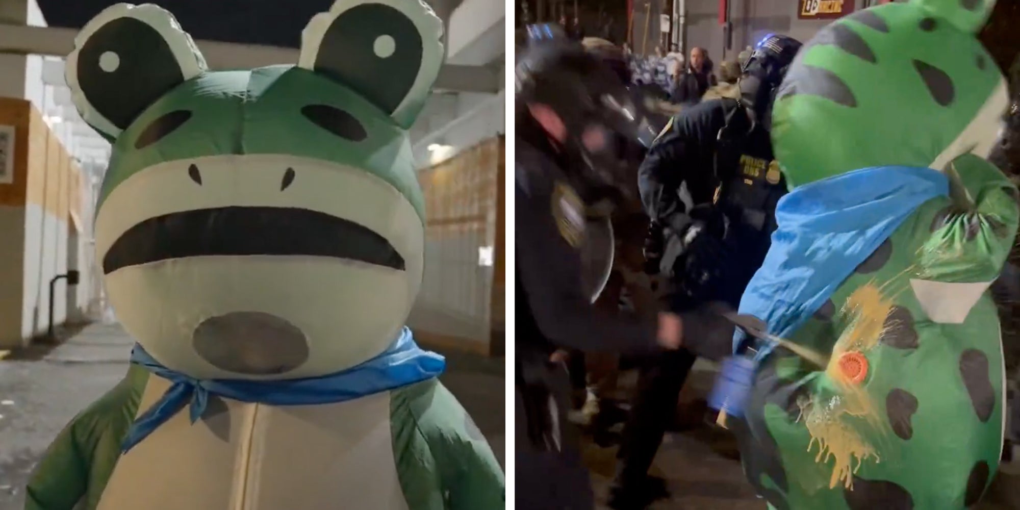 Left: Someone in an inflatable frog costume. Right: Portland Police officer spraying pepper spray into the ventilation hole on the back of an inflatable frog costume.