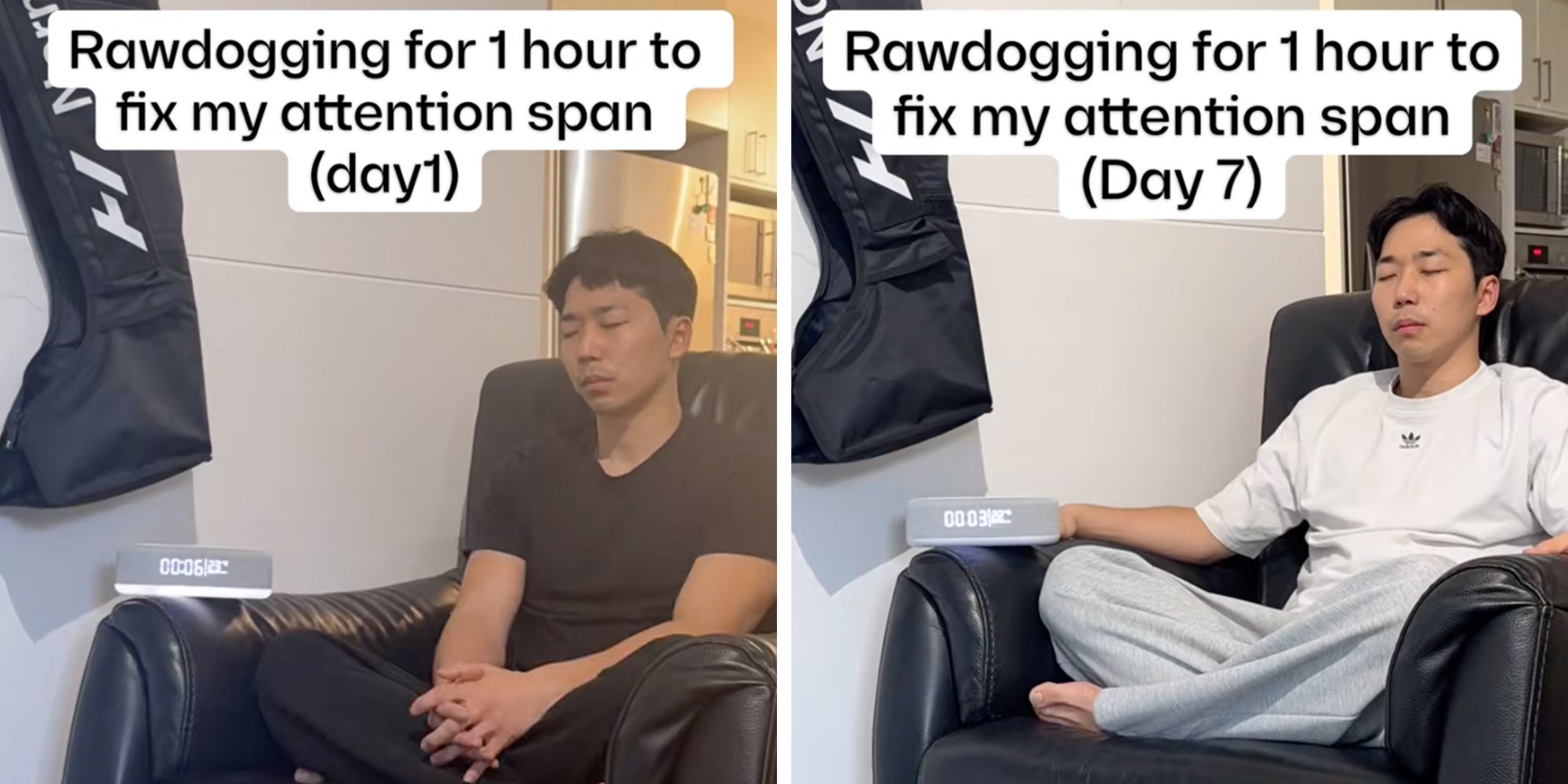 Left: Man sitting meditating in a leather chair. Text caption reads, 'Rawdogging for 1 hour to fix my attention span (day 1). Right: Man sitting meditating in a leather chair. Text caption reads, 'Rawdogging for 1 hour to fix my attention span (day 7).