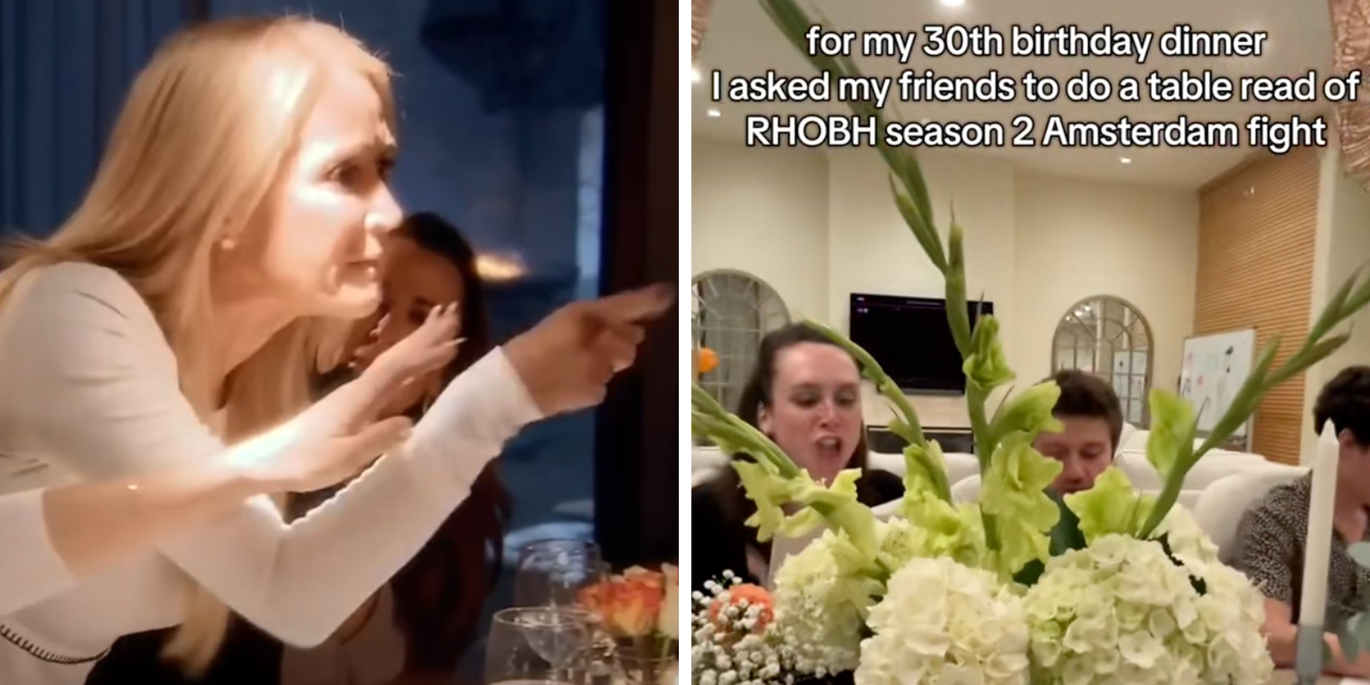 Left: Kim Richards in Real Housewives of Beverly Hills Season 2 episode of the fight in Amsterdam. Right: People sitting around a table for a birthday party, text overlay reads, 'For my 30th birthday dinner I asked my friends to do a table read of RHOBH season 2 Amsterdam fight.'