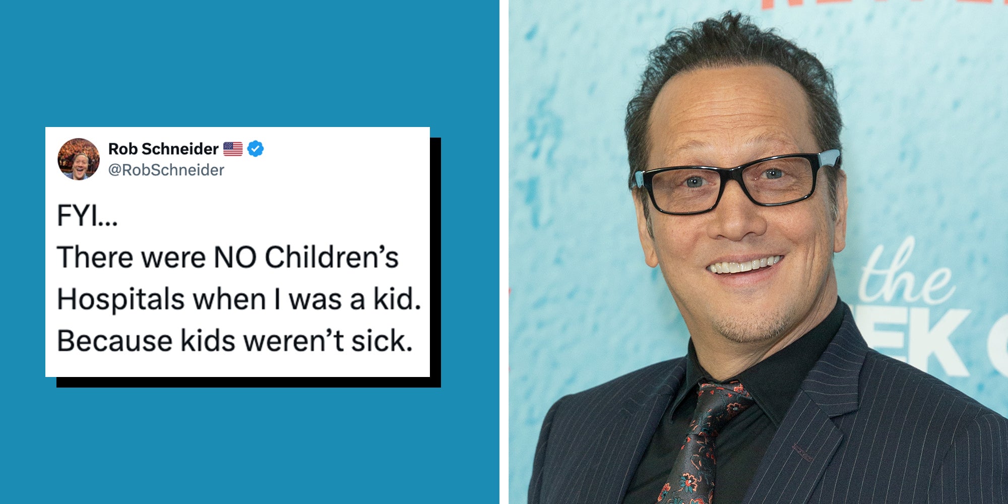 Left: Tweet from Rob Schneider reading, 'FYI… There were NO Children’s Hospitals when I was a kid. Because kids weren’t sick.' Right: Rob Schneider attends premiere of the The Week Of at AMC Loews Lincoln Square.