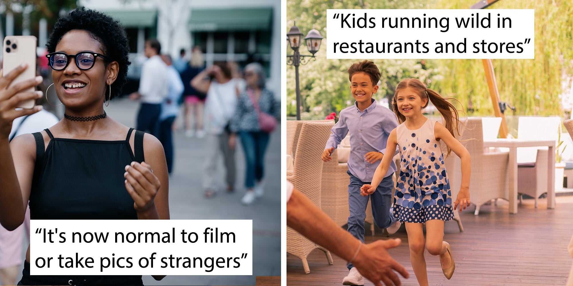 Left: Joyful African American tourist recording herself on smartphone, laughing and talking while filming in a lively urban square with blurred crowd in the background. Right: Grandparents standing on restaurant terrace meeting their grandchildren at the weekend.