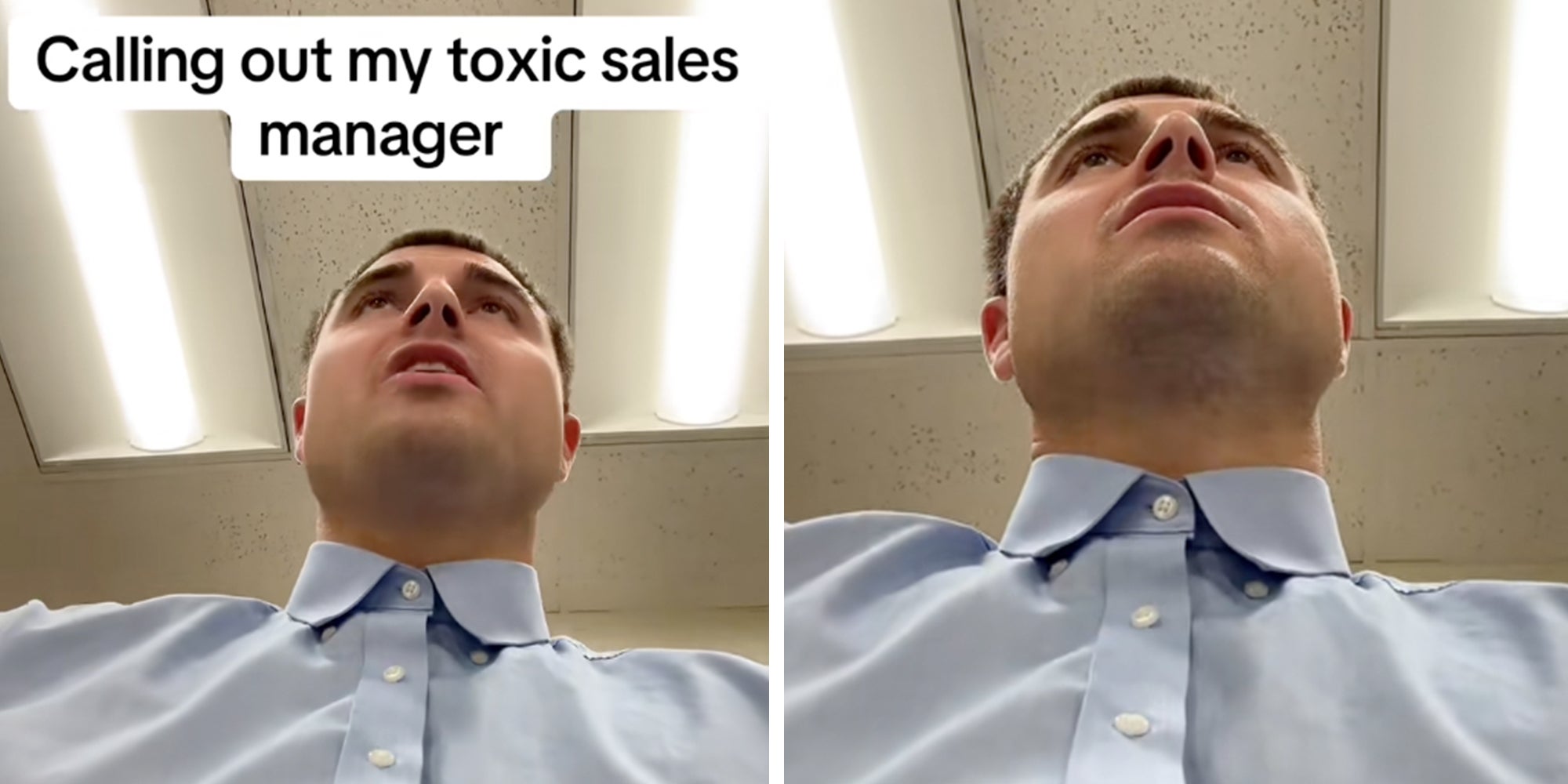 Man in a blue button-down shirt in an office, text overlay reads 'Calling out my toxic sales manager.'