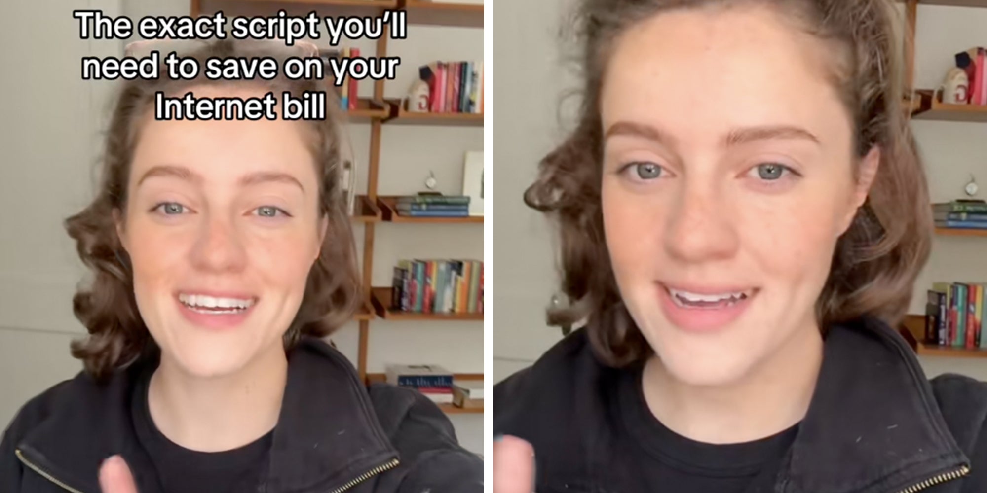 Woman looking into camera under text reading, "The exact script you'll need to save on your Internet bill."