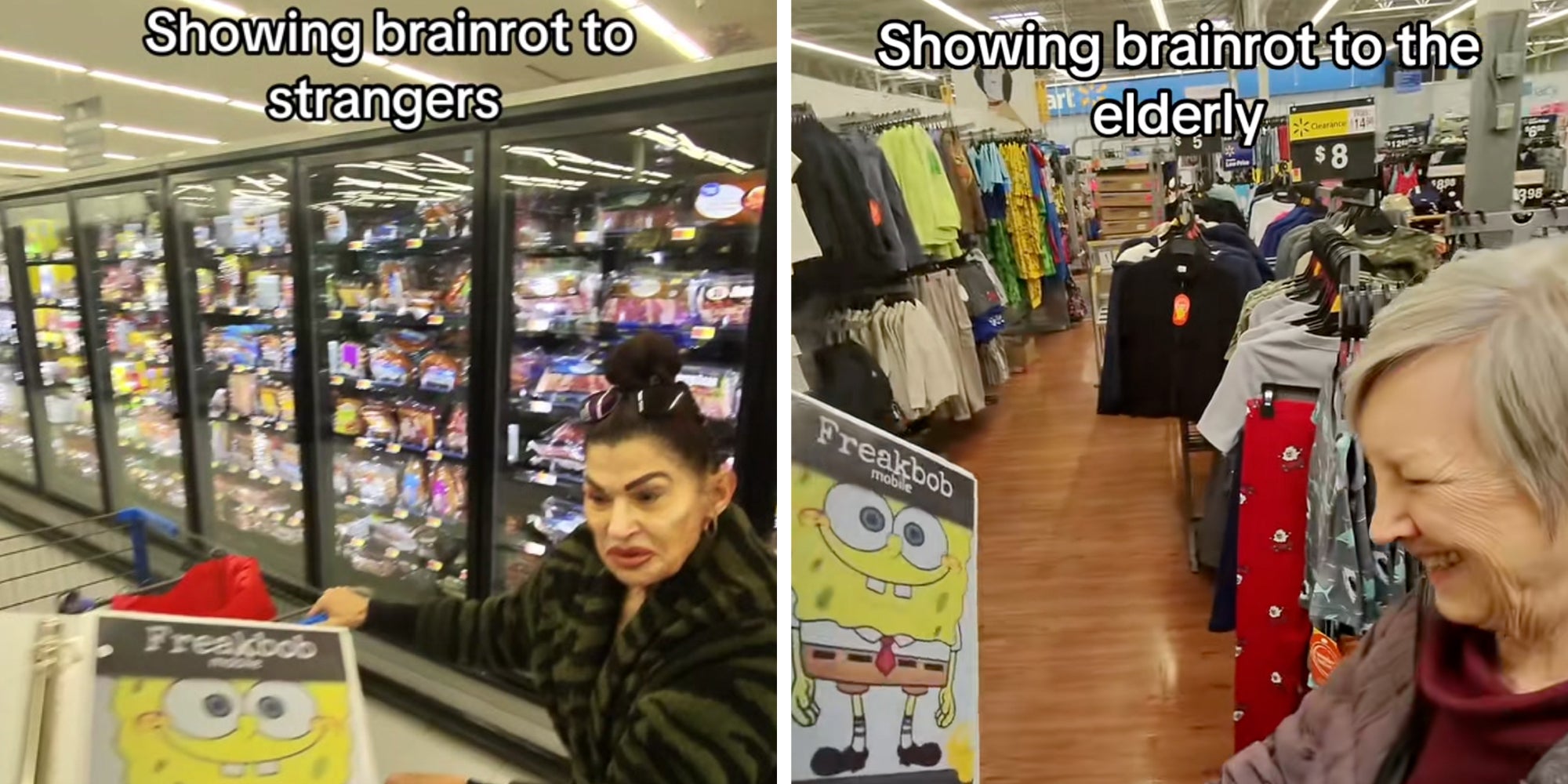Left: Man showing a binder with a printed "Freakbob meme" to a woman in a grocery store, caption overlay reads, "Showing brainrot to strangers." Right: Man showing a binder with a printed "Freakbob meme" to a woman in a clothing store, caption overlay reads, "Showing brainrot to strangers."