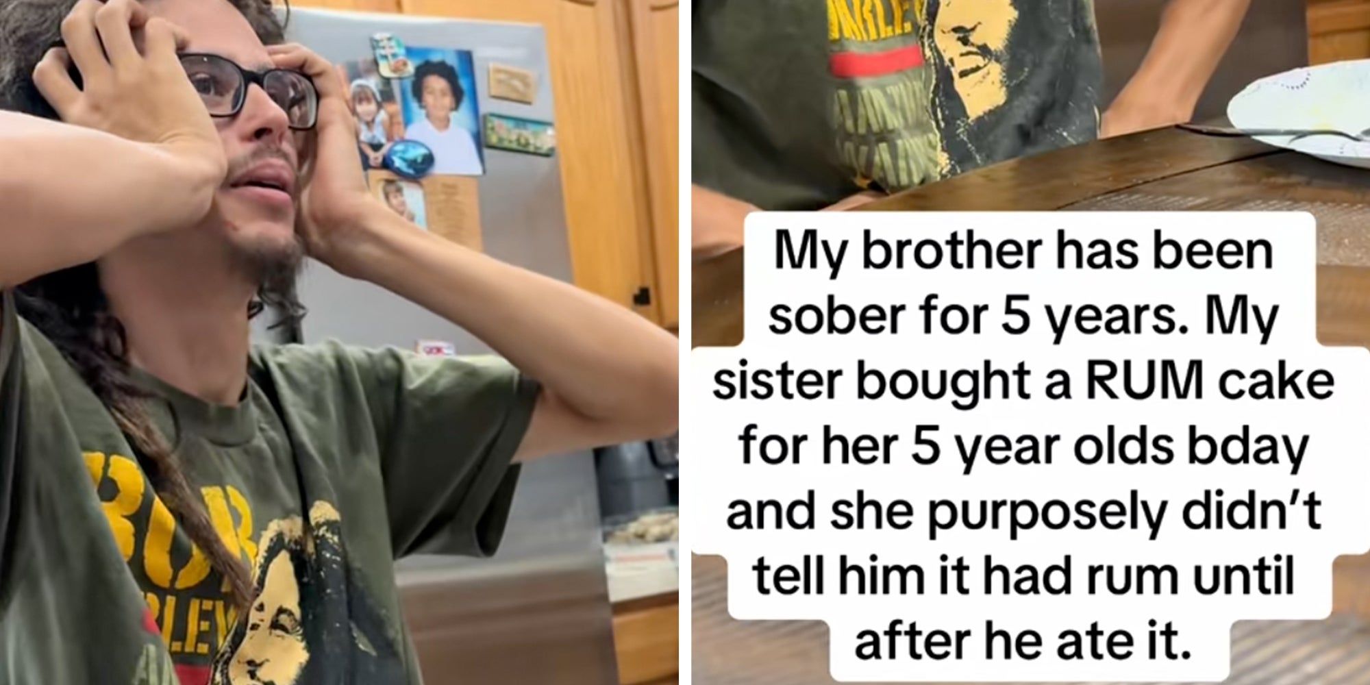 Man holding his head in despair. Text overlay reads, My brother has been sober for 5 years. My sister bought a RUM cake for her 5 year old's bday and she purposefuly didn't tell him it had rum until after he ate it.'