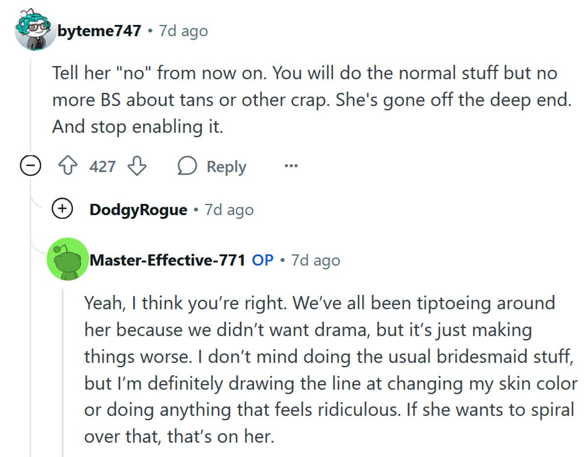 Bride demands bridesmaids get spray tans, refuses to get one herself(01)