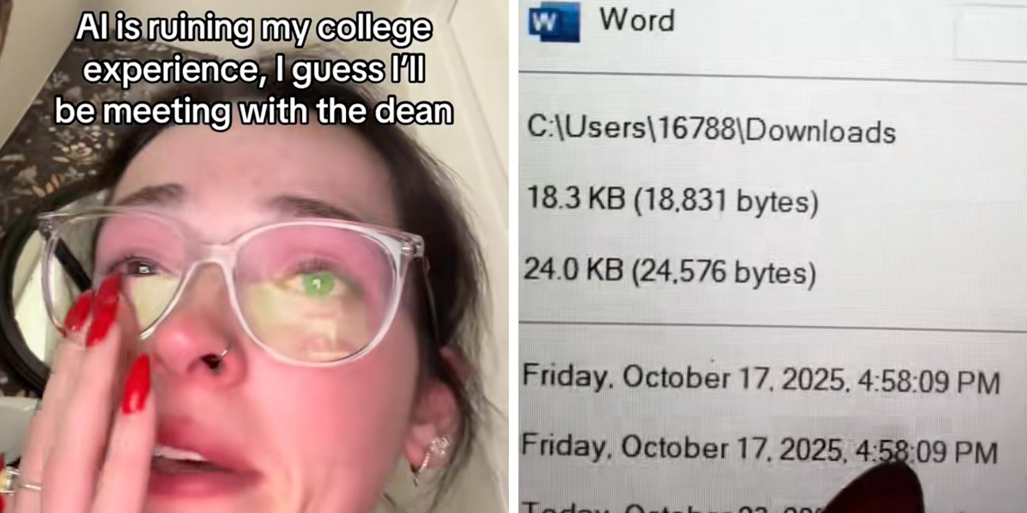 Left: Student in glasses sobbing, wiping tears from her face. Text overlay reads, 'AI is ruining my college experience, I guess I'll be meeting with the dean.' Right: Word document time stamps.