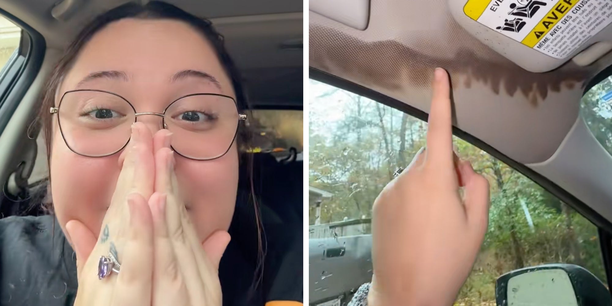 Left: Woman in glasses looking shocked in her car. Right: Woman's finger pointing to headliner damage in the car roof from a clogged sunroof drain.