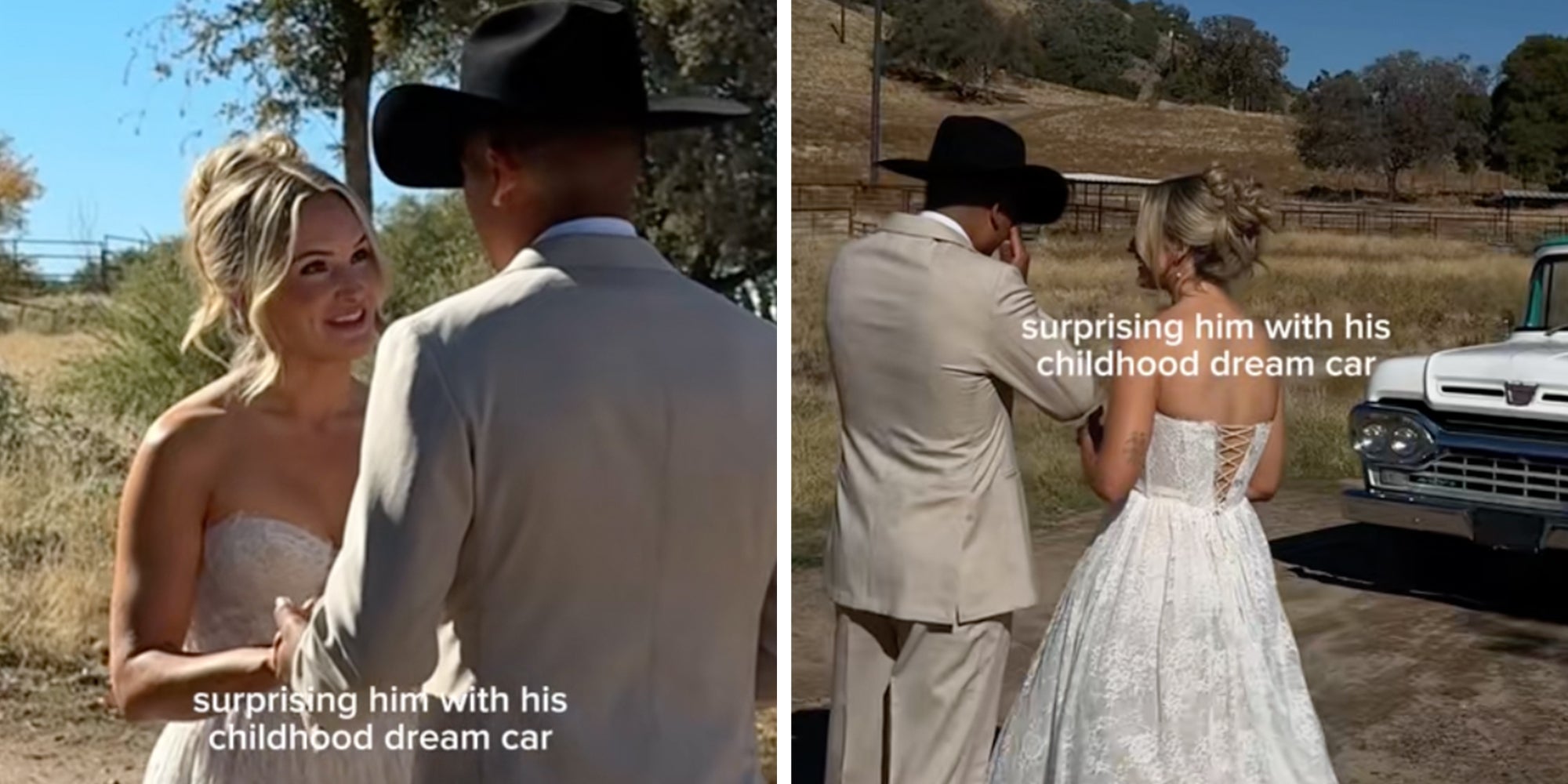 2 Panel: Left: Bride and groom in a black cowboy hat underneath text reading, 'suprising him with his childhood dream car.' Right: Bride and groom in a black cowboy hat looking at a teal F100 truck underneath text reading, 'suprising him with his childhood dream car.'