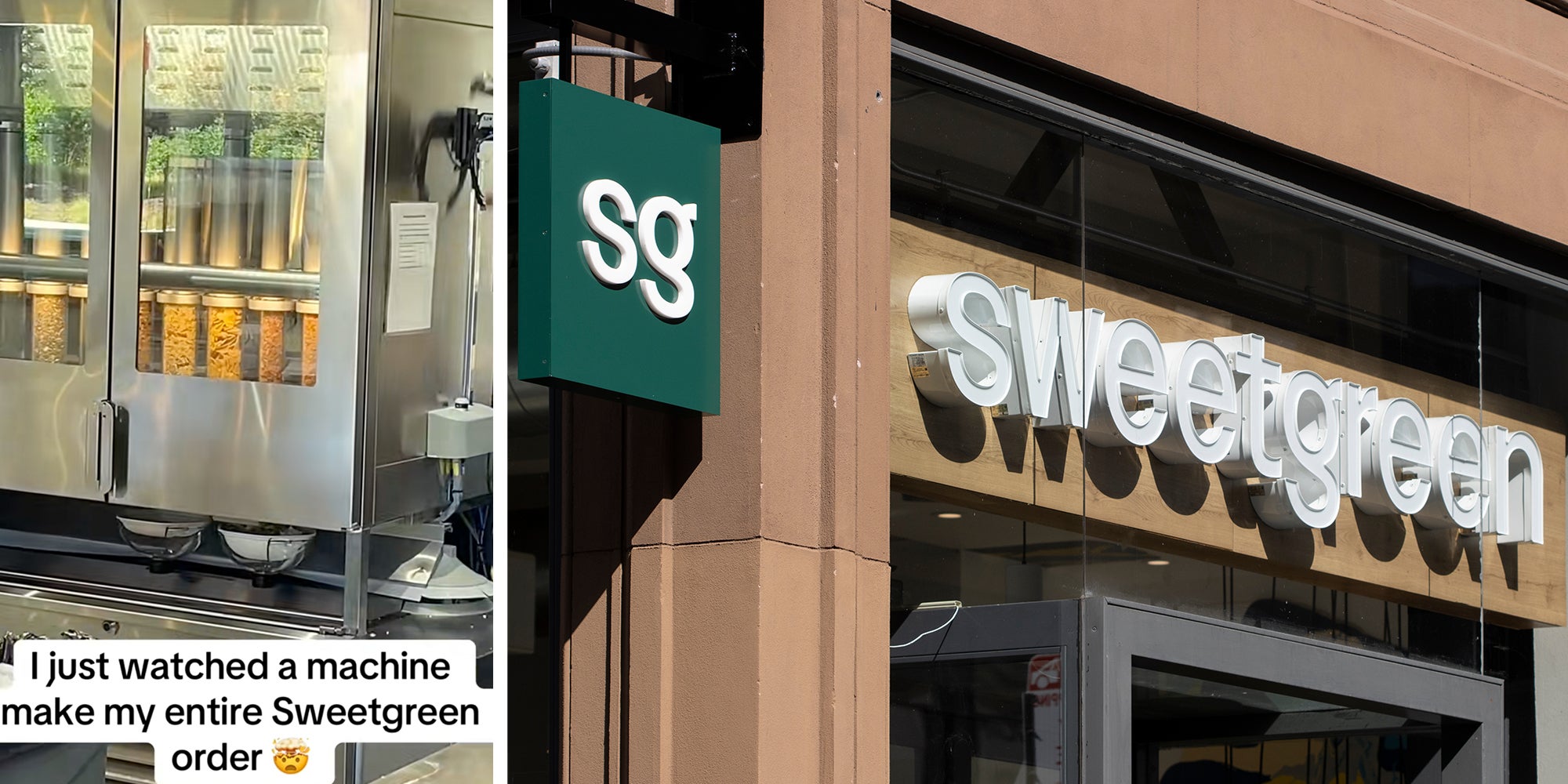 Left: Salad-making machine at a Sweetgreen location, caption overlay reads, 'I Just watched a machine make my entire Sweetgreen order.' Right: Sweetgreen sign is seen at one of its restaurants in San Francisco, California.