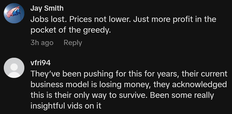 TikTok comments including one reading 'Jobs lost. Prices not lower. Just more profit in the pocket of the greedy.'