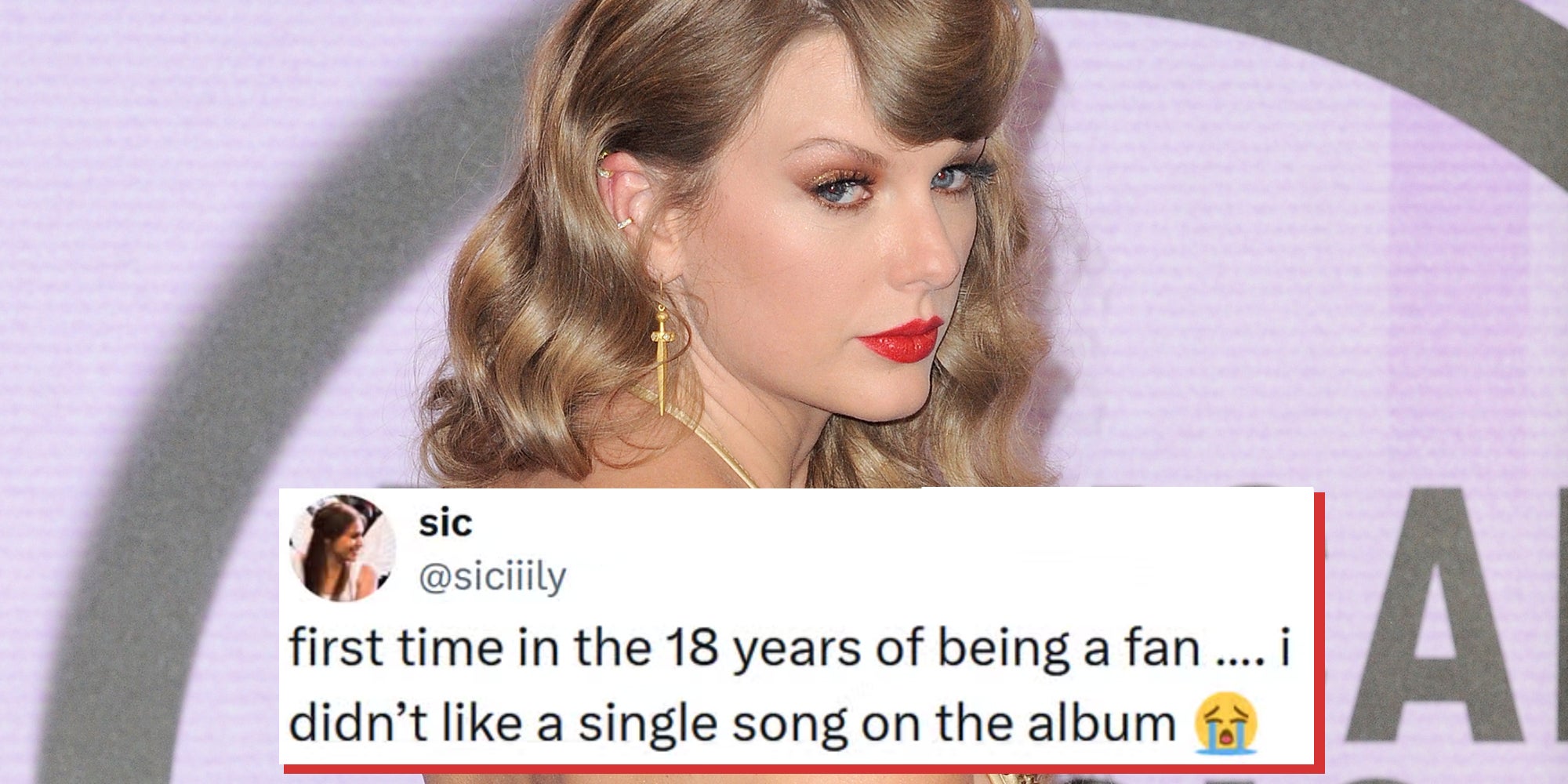 Taylor Swift at the 2022 American Music Awards held at the Microsoft Theater in Los Angeles, USA on November 20, 2022. Tweet overlay reads, 'first time in the 18 years of being a fan …. i didn’t like a single song on the album.'