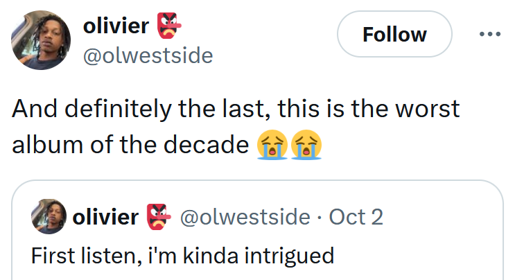 Tweet reading 'And definitely the last, this is the worst album of the decade'
