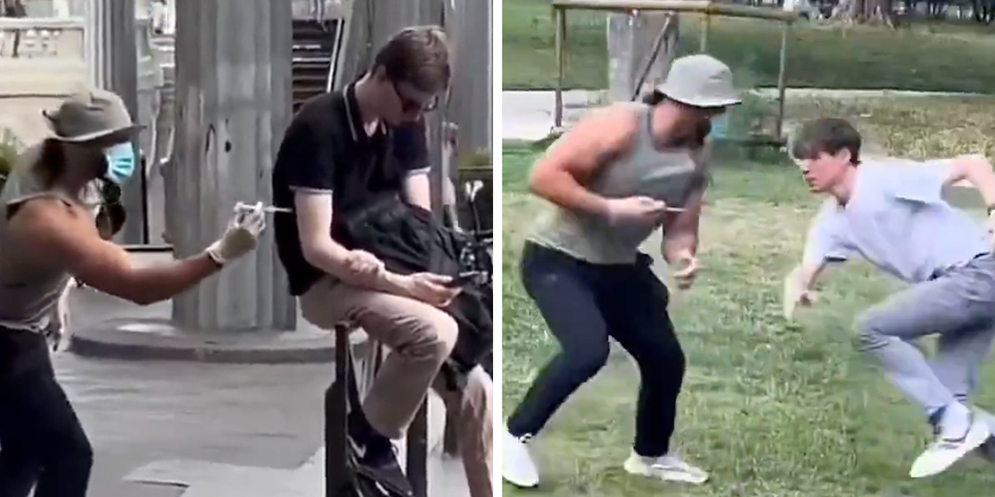 Amine Mojito, known online as Ilan M, sneaking up on random people outside and stuck them with an empty syringe.