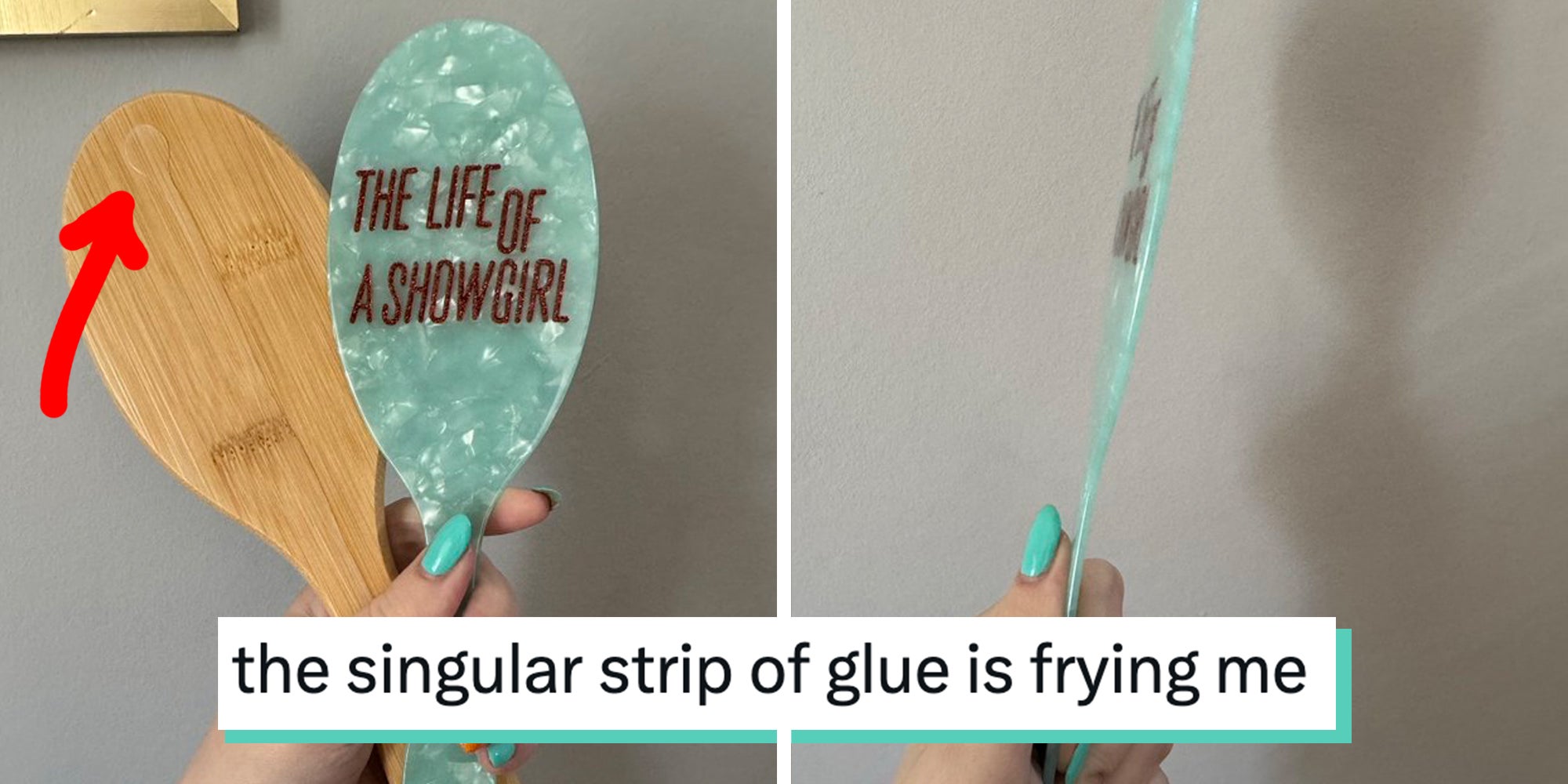 Taylor Swift's turqouise 'The Life of a Showgirl' hairbrush with the plastic cover unattached from the wooden paddle. Tweet text overlay reads, 'The singular strip of glue is frying me.'