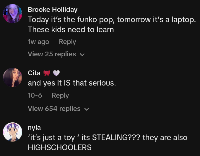 TikTok comments including one reading 'Today it’s the funko pop, tomorrow it’s a laptop. These kids need to learn'