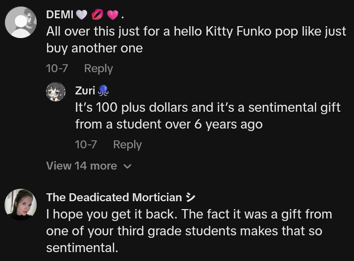TikTok comments including one reading 'All over this just for a hello Kitty Funko pop like just buy another one'