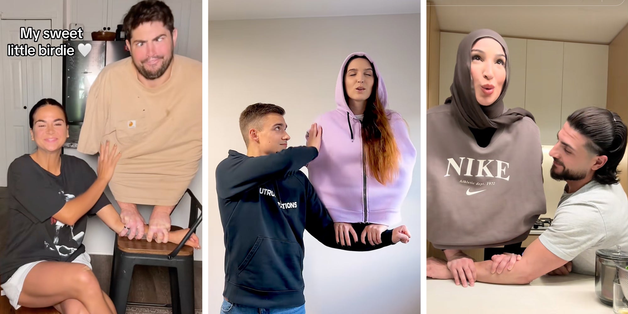 3 panel: Left: Man perched on woman's arm in TikTok's bird arm trend. Middle: Woman perched on man's arm in TikTok's bird arm trend. Right: Woman perched on man's arm in TikTok's bird arm trend.