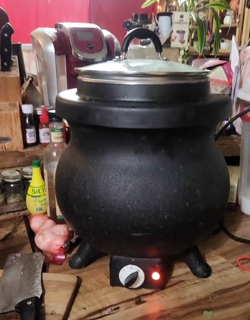 Vídeo do TikTok mostrando uma panela elétrica em forma de caldeirão.