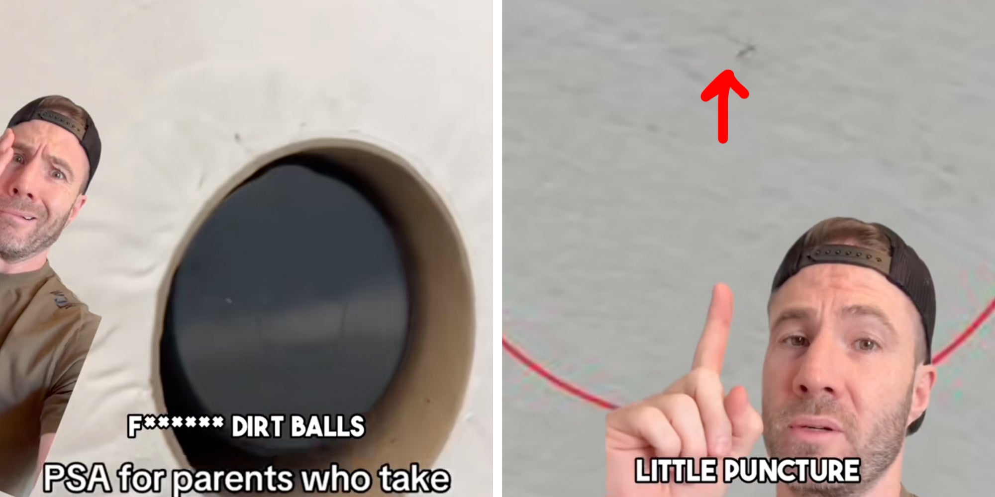 Left: TikTok doctor superimposed against public toilet paper roll with visible puncture holes from needles.