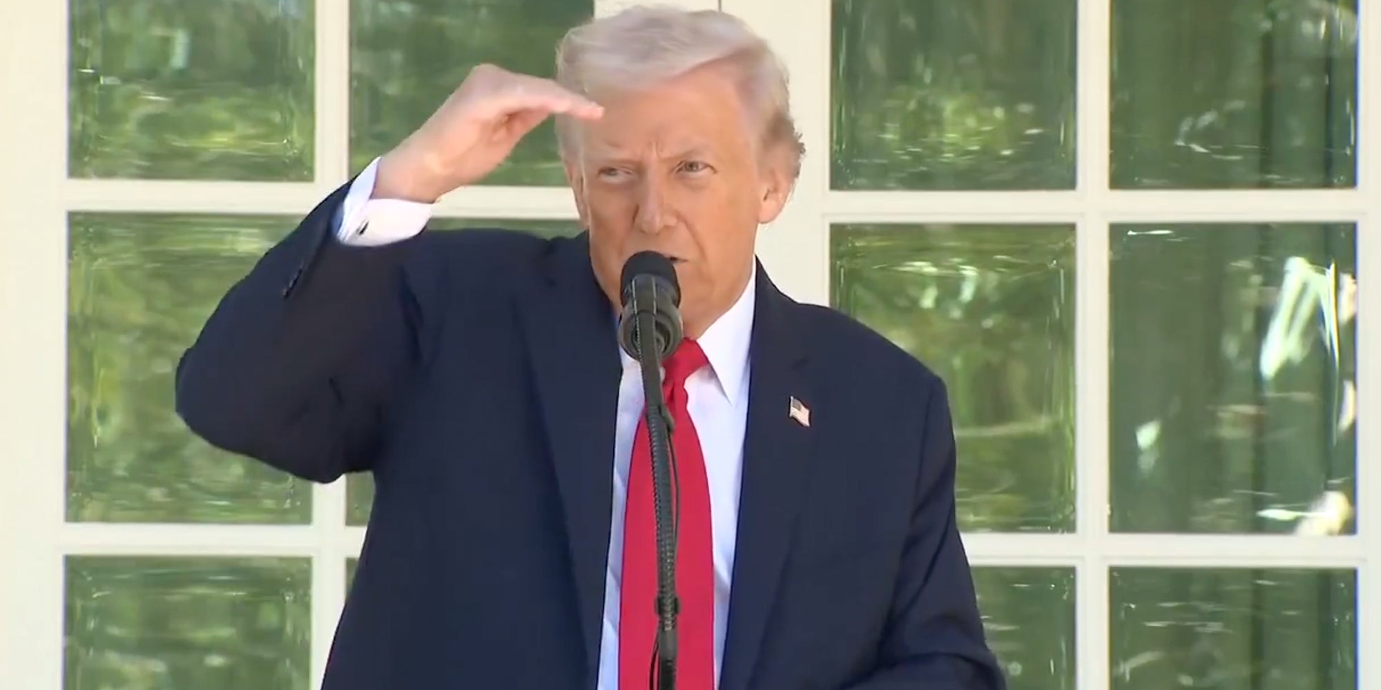 President Donald Trump speaking at an event at the White House Rose Garden, and looking into the crowd while shielding his eyes.
