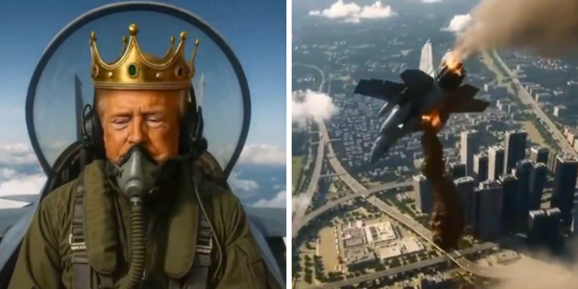 AI-generated screenshot of President Donald Trump wearing a crown and flying a jet while dumping feces on 'No Kings' protestors in a city below.