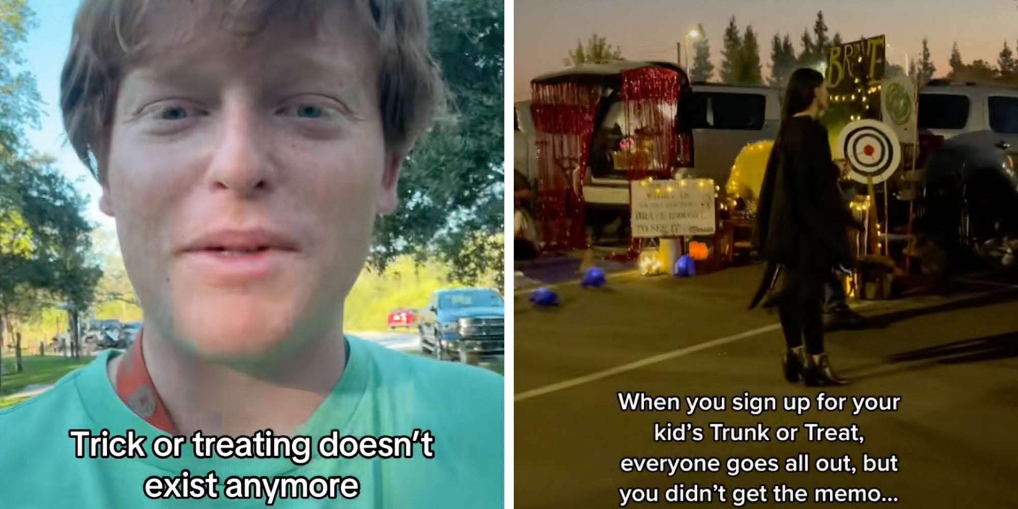 Left: Man looking into the camera under text reading, 'Trick or treating doesn't exist anymore.' Right: A scene of 'trunk or treat,' underneath text reading, 'When you sign up for your kid's Trunk or Treat, everyone goes all out, but you didn't get the memo...'