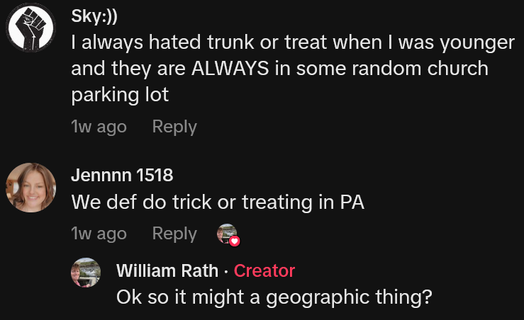 TikTok comments including one reading 'I always hated trunk or treat when I was younger and they are ALWAYS in some random church parking lot'
