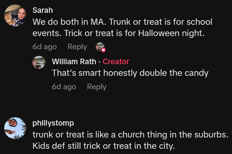 TikTok comments including one reading 'We do both in MA. Trunk or treat is for school events. Trick or treat is for Halloween night.'